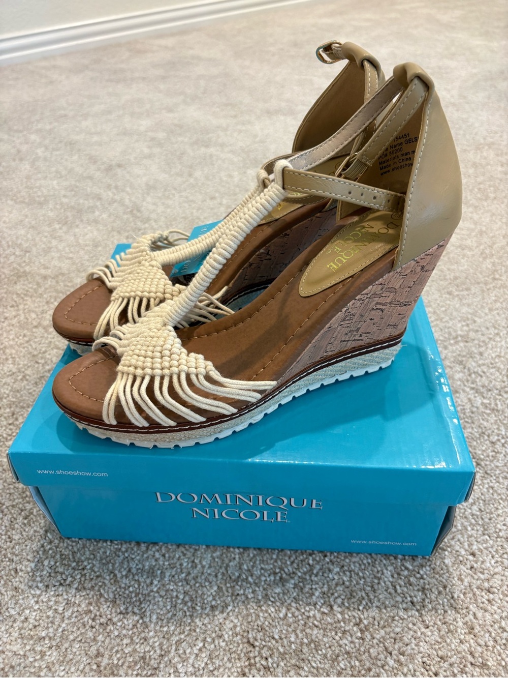 Dominique Nicole Macrame front cork wedge size 9